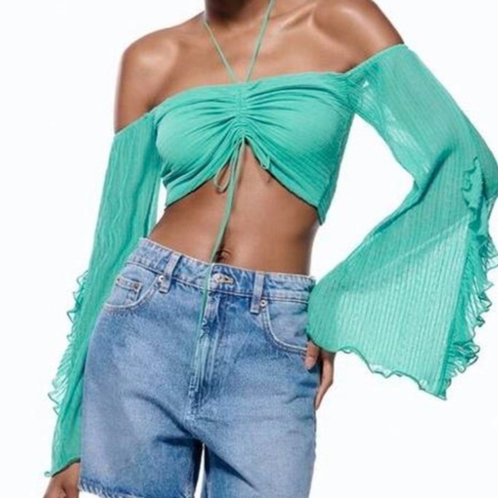 Zara Teal/Turquoise Off-Shoulder Long Sleeve Crop Blouse Size Small